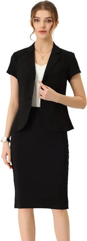 Costume da lavoro per donna con maniche corte e giacca a quadretti, 2 pezzi, nero, XXL