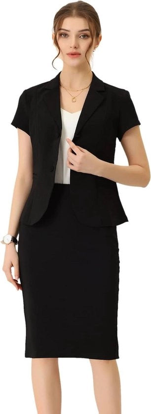 Costume da lavoro per donna con maniche corte e giacca a quadretti, 2 pezzi, nero, XXL