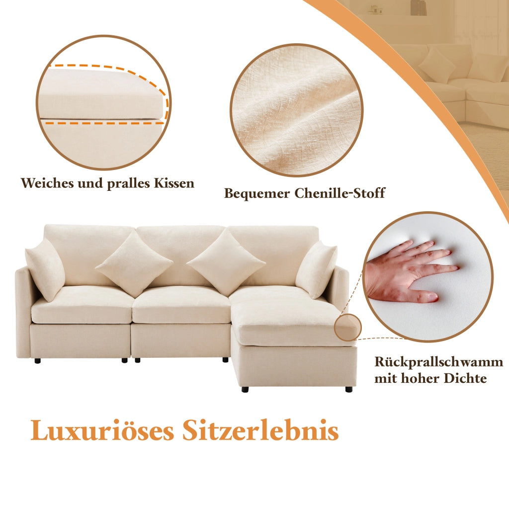 Divano angolare L convertibile in 3 posti - Zephmum - Modulare con pouf mobile e 4 cuscini in chenille, beige