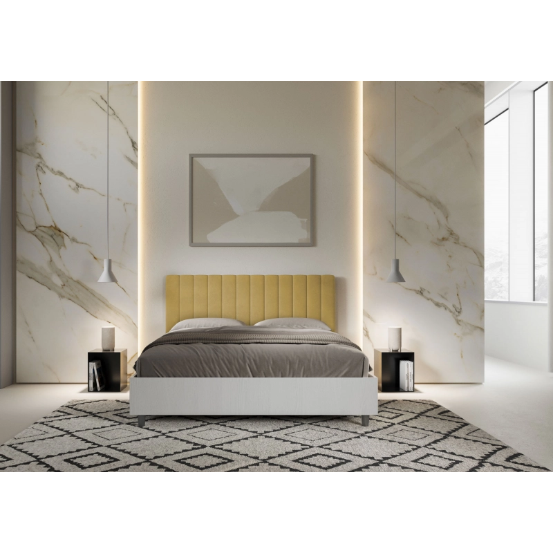 Letto Matrimoniale 160x200 cm struttura bianco frassino testata Kaia - Con rete,Microfibra,Ocra