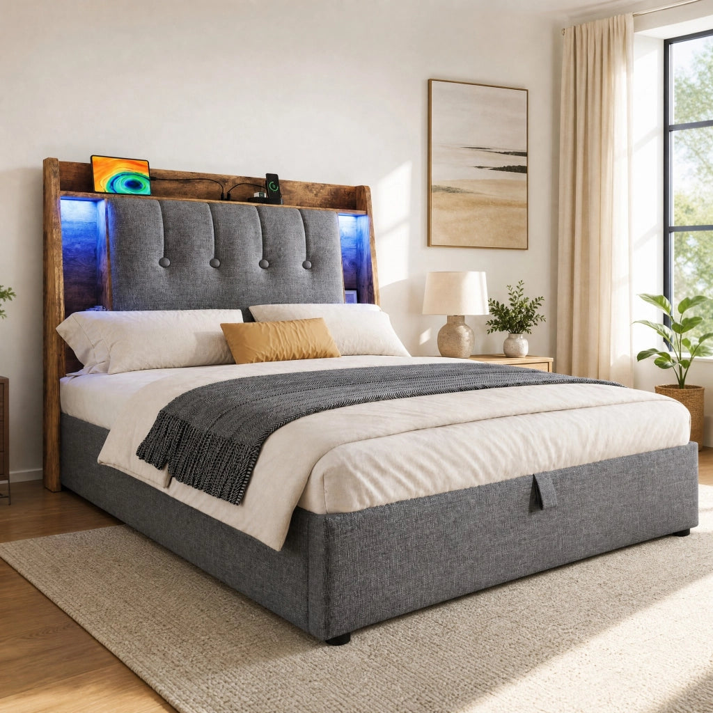 LETTO Imbottito 90x200 cm Grigio in lino e MDF con USB Type-C, LED e vani