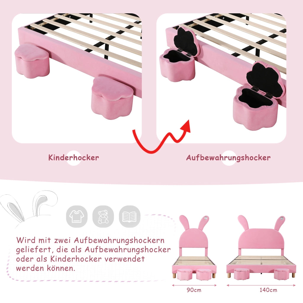 LETTO imbottito 90x200 cm in velluto rosa con LED e 2 panche contenitore