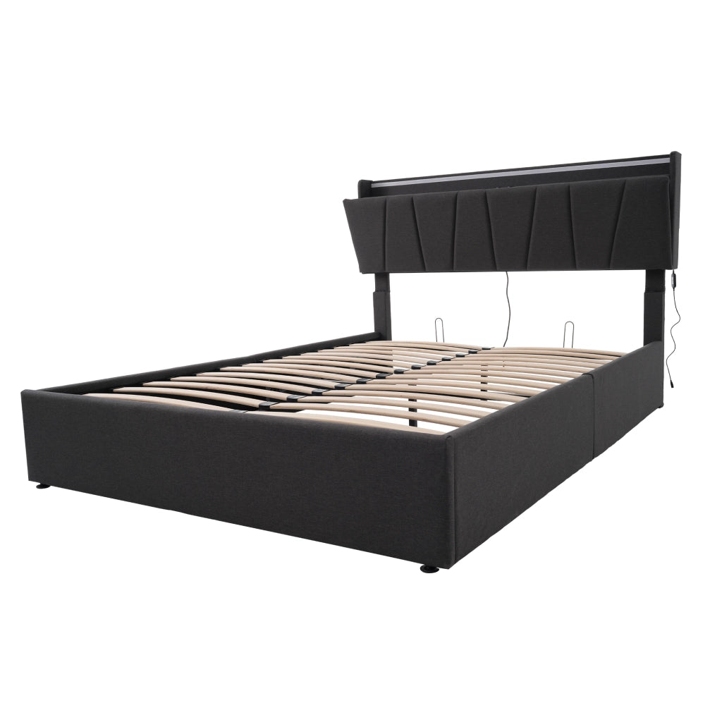 Letto doppio imbottito; 160x200cm; con testiera USB e LED; grigio