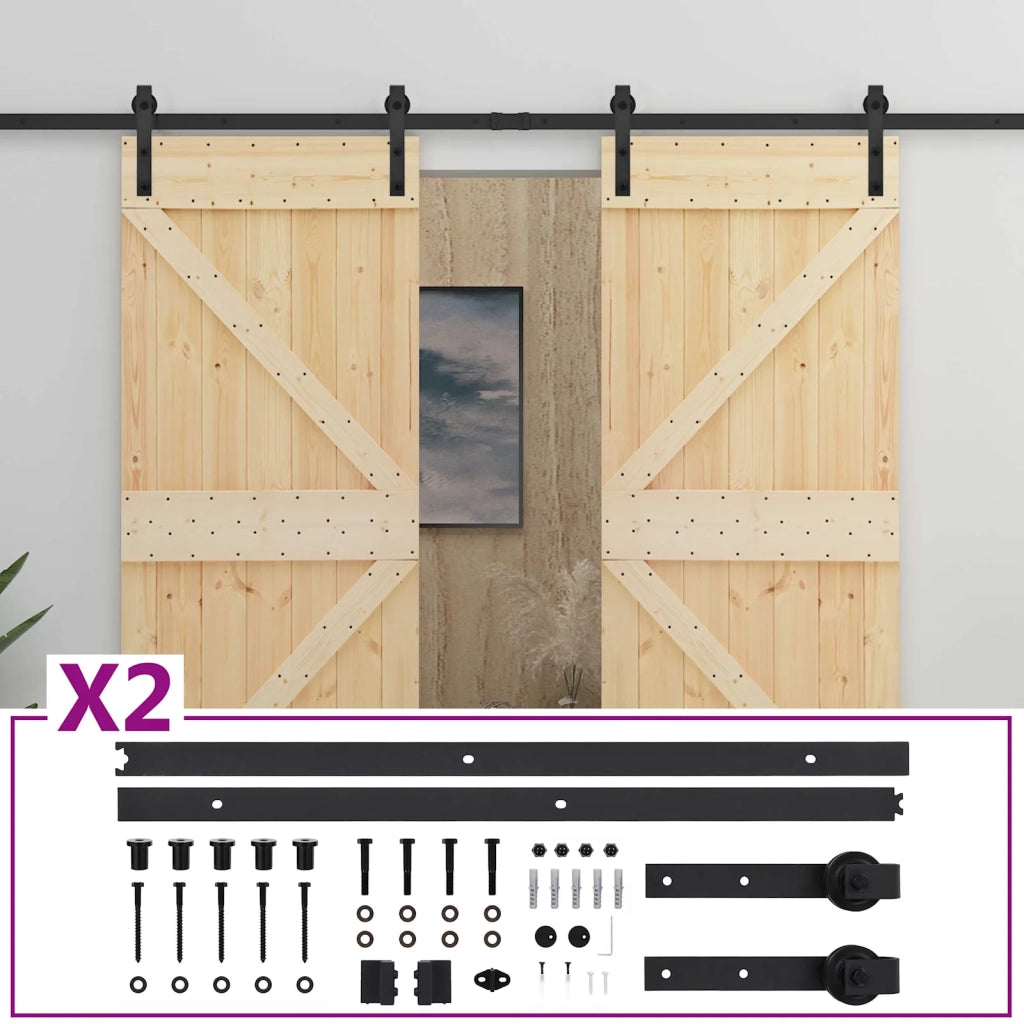 Porta scorrevole 2 pcs Naturale e Nero Legno Massello di Pino 3444875
