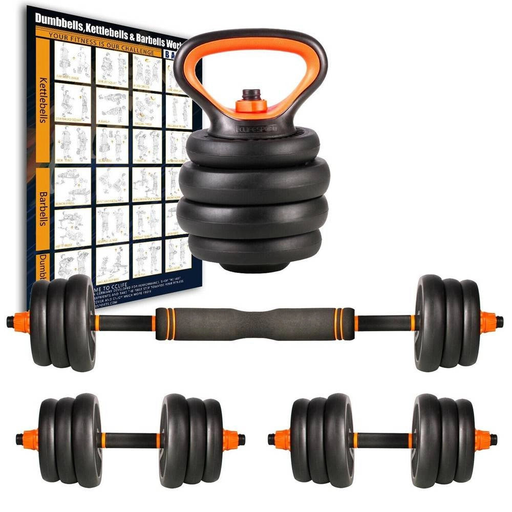 Trade Shop - Set 6in1 Multifunzione Peso 30 Kg Manubri Con Bilanciere E Kettlebell Componibile -