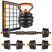 Trade Shop - Set 6in1 Multifunzione Peso 30 Kg Manubri Con Bilanciere E Kettlebell Componibile -