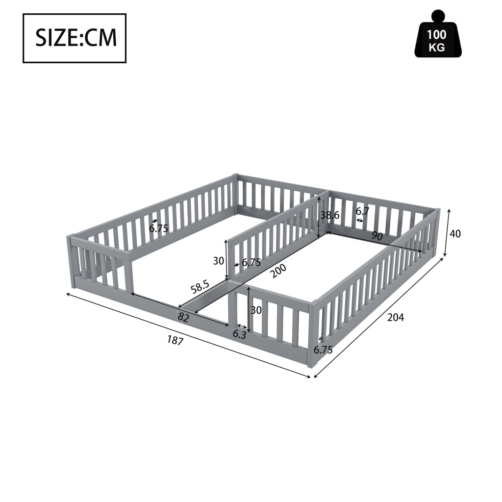 LETTO per bambini 90x200 cm con sponde, in pino e MDF, Grigio