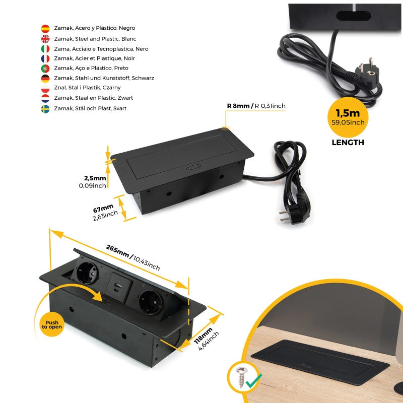 Multiconnettore da tavolo Atom 26 Lite, 225x111 mm, 2 prese Schuko, 1 USB Tipo A, 1 USB Tipo C, Zama-Acciaio-Plastica,..