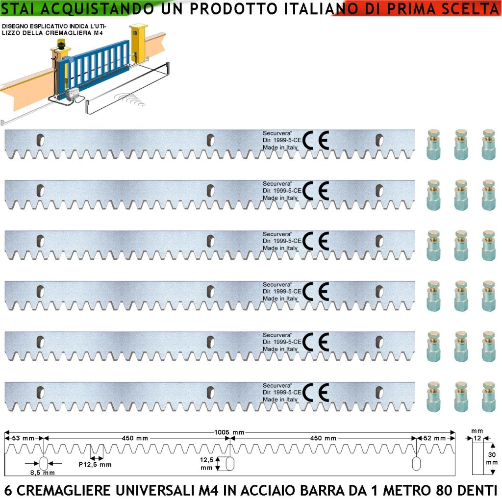 Cremagliera Universale M4 Sei Moduli da 1 MT Con 80 Denti in Acciaio Zincato 12X30 mm Portata Garantita 22 Q.li Max 30 Q.li Fissaggio Tre Bulloni Per Metro Del Cancello Scorrevole Giunture a Contatto
