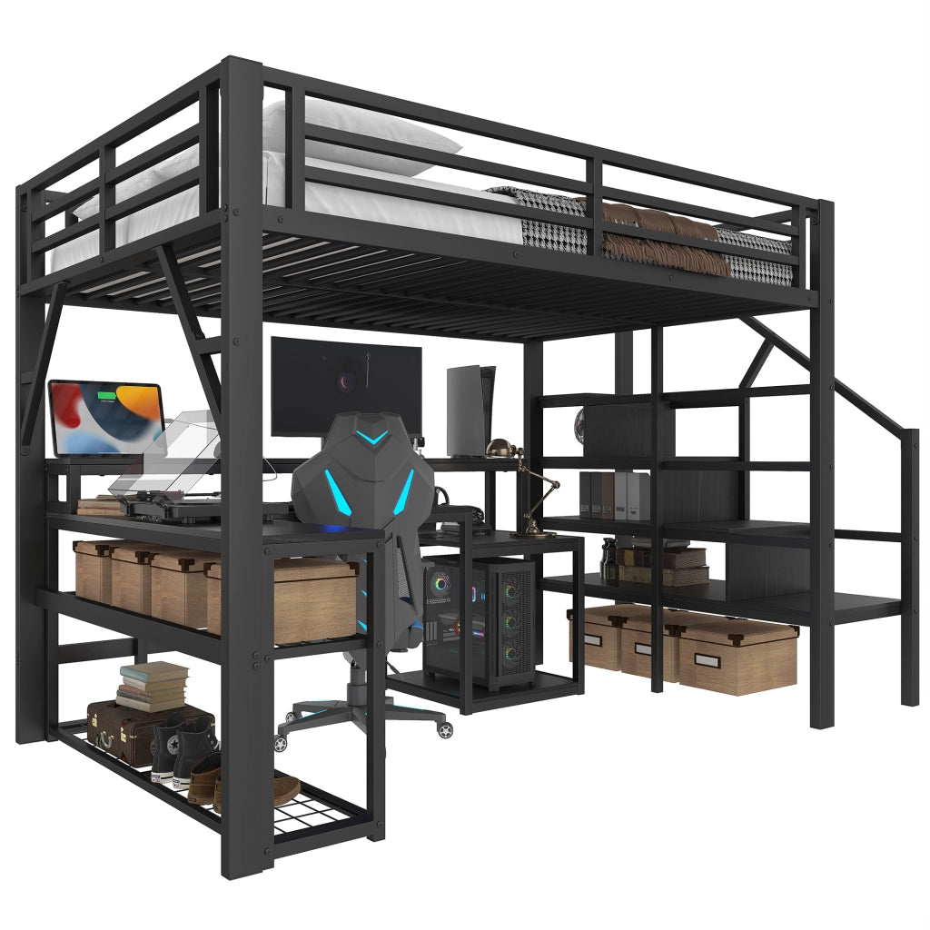 Letto castello 140x200 ferro scala ringhiere LED scrivania USB nero