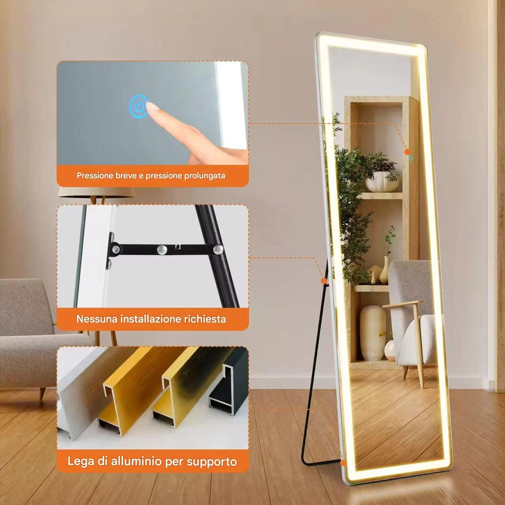 Specchio da Terra Figura Intera160x50 cm con Luci LED Touch Cornice in Alluminio