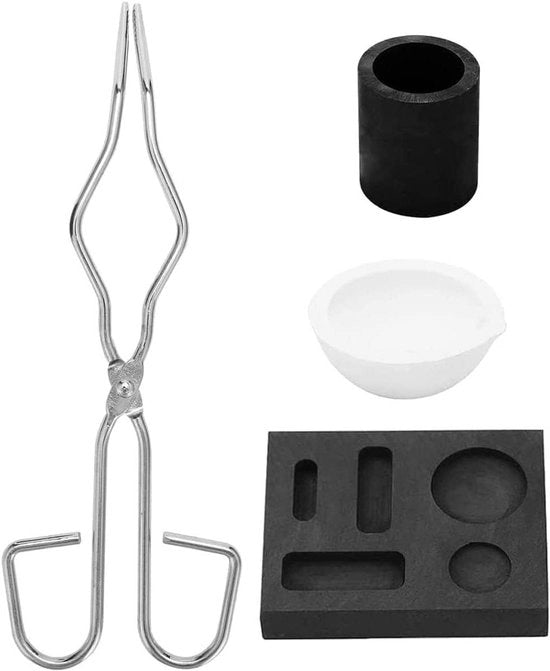 Kit di fusione per metalli con 4 pezzi di crogiolo di grafite di alta qualità per fusione di lingotti di metallo con combinazione di utensili per fusione di oro, argento e metalli.