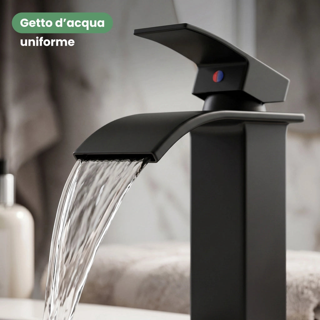 Rubinetto lavabo alto a cascata nero da appoggio miscelatore bagno EVIO