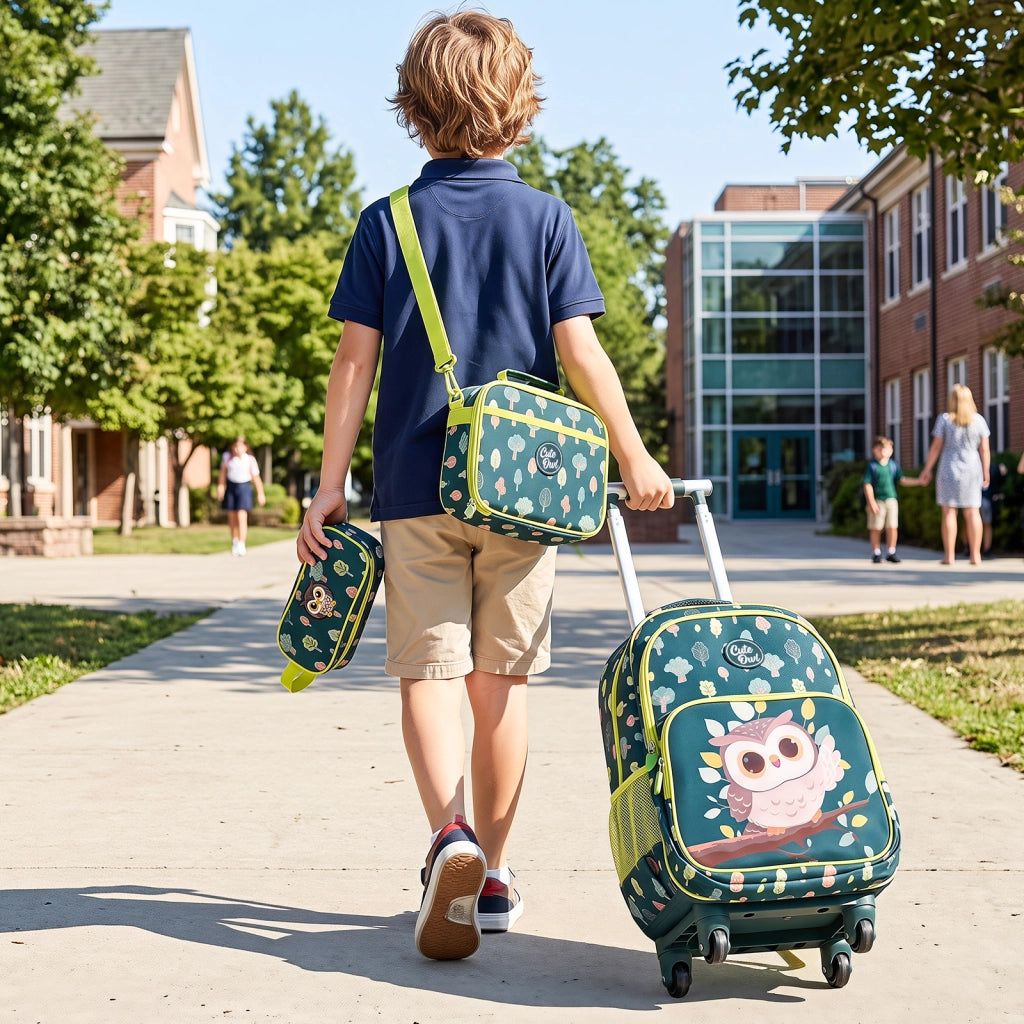 Zaino trolley 3in1 ruote bambini 3+anni unicorno/gufo borsa pranzo astuccio, Trolley maniglia retrattile portabicchieri