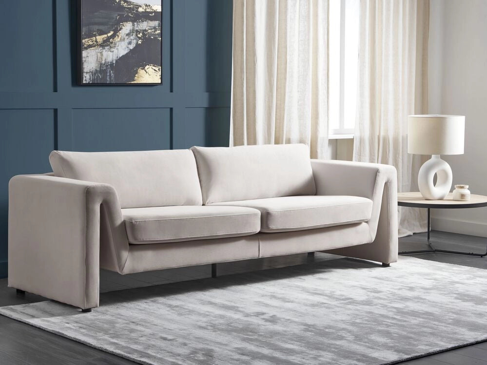 Divano a 3 posti imbottito in velluto beige chiaro con schienale imbottito e braccioli stile moderno