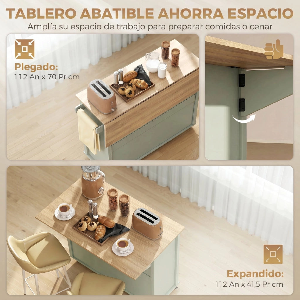 Armadio da Cucina con Ruote, Anta con Ripiani e 2 Cassetti ¨C Zephmum ¨C 117.5x70x91 cm Verde Chiaro