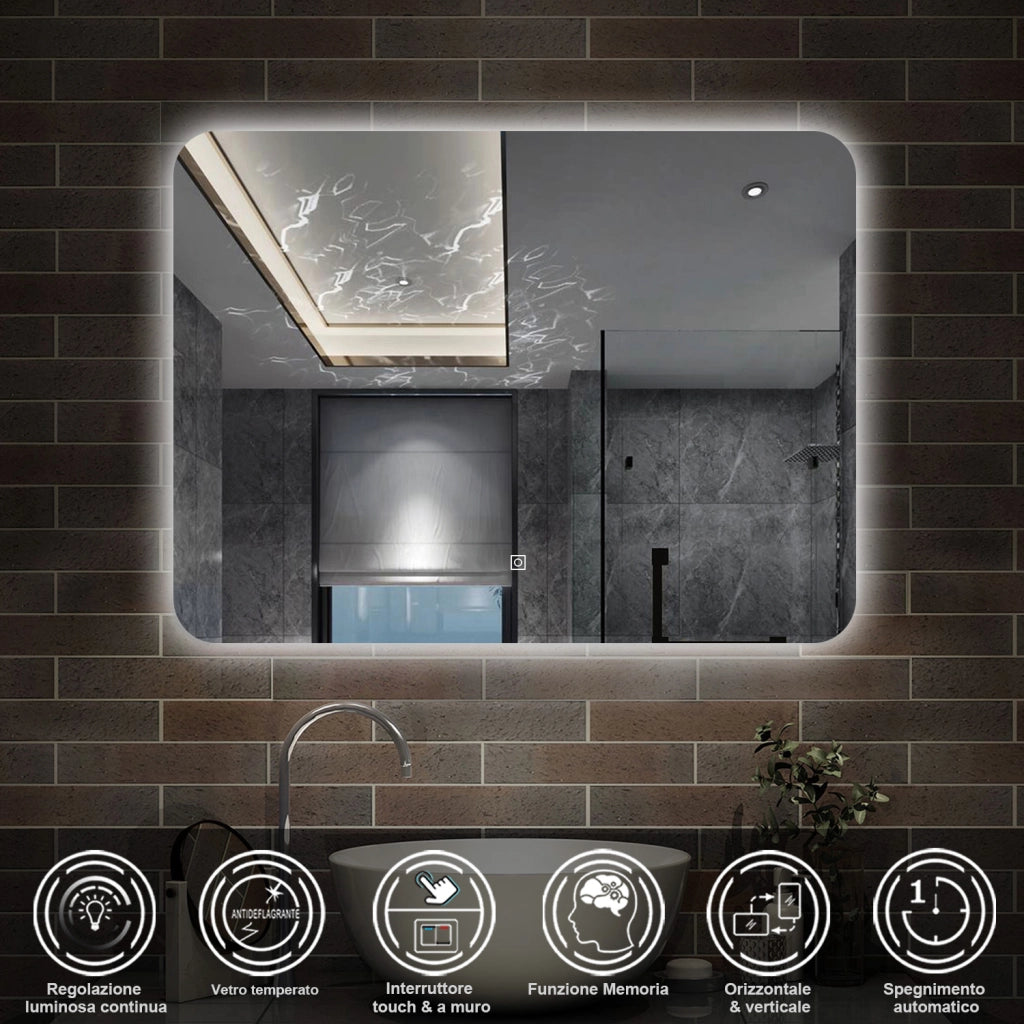 specchio 100 x 60 cm rettangolare con luce led e touch