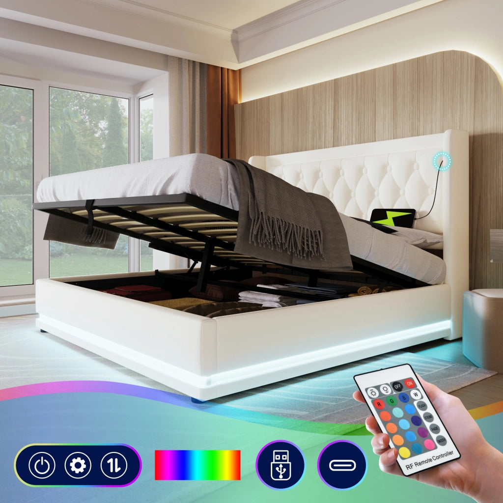 LETTO Contenitore 180x200 cm PU Bianco con porta USB Type-C