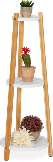 Scaffale per piante - 3 piani - circolare - bambù - MDF - 73,5 x 28 cm - bianco