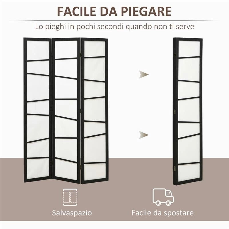 PARAVENTO A 3 PANNELLI PIEGHEVOLE IN LEGNO 120X170CM NERO E BIANCO