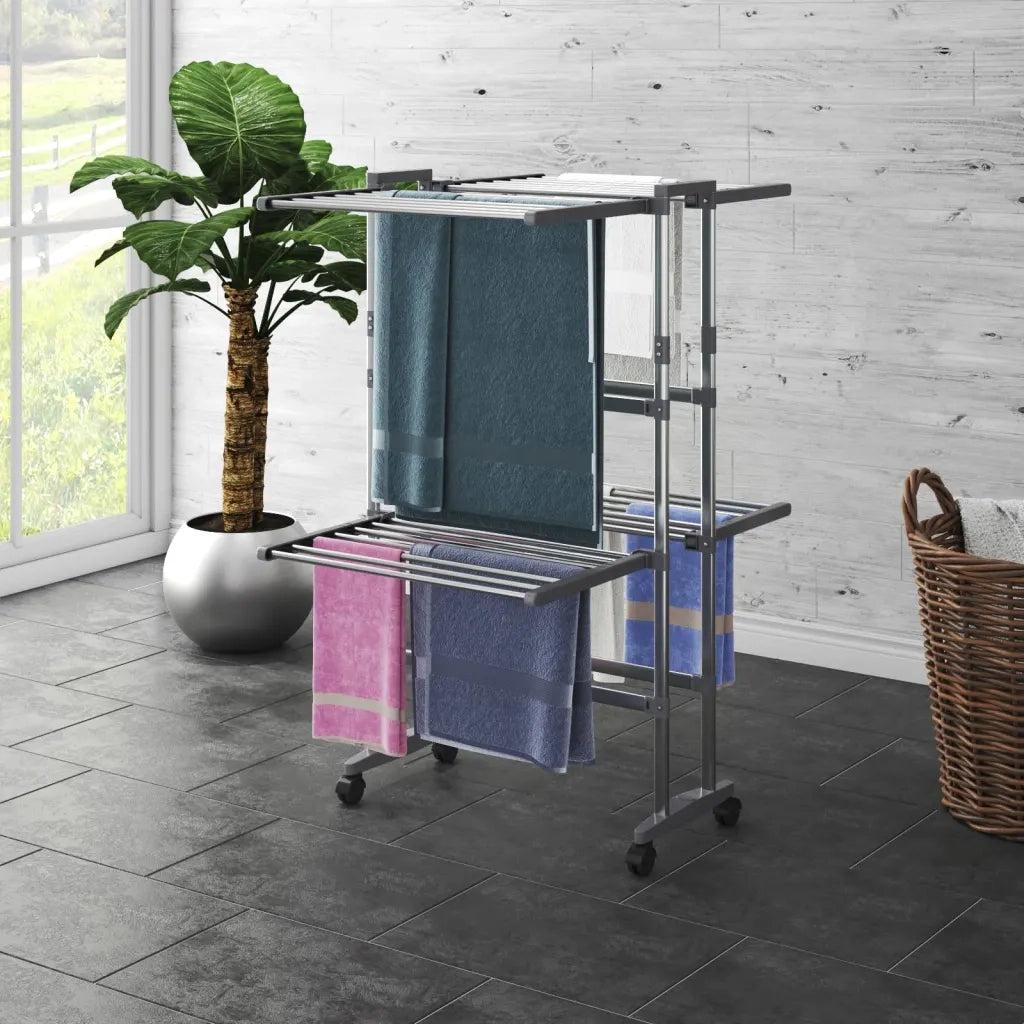 Stendibiancheria a 2 Livelli con Ruote Argento 60x70x106 cm 344377