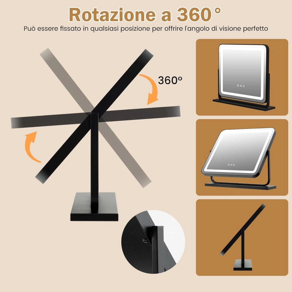 Specchio per Trucco, Specchio da Tavolo con luci LED a 3 Colori, Luminosità Regolabile e Controllo Intelligente a Sfioramento, Ruotabile a 360° con Ingrandimento 5X, 50x44 cm