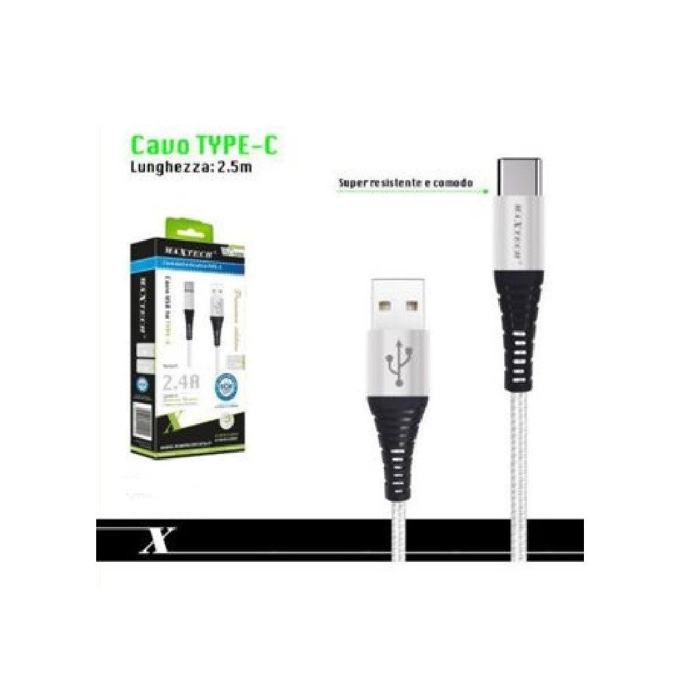 Trade Shop - Cavo Usb Type-c Ricarica Veloce 3a 2.5 Metri Trasferimento Dati Maxtech F-tc010 -