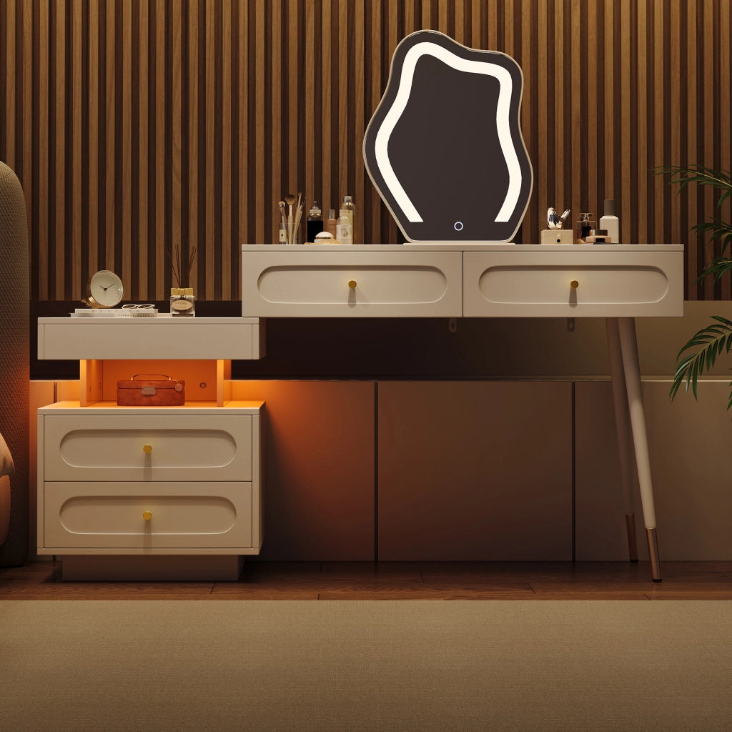 TOELETTA Con specchio LED 140x40x130 cm Bianco con 4 cassetti