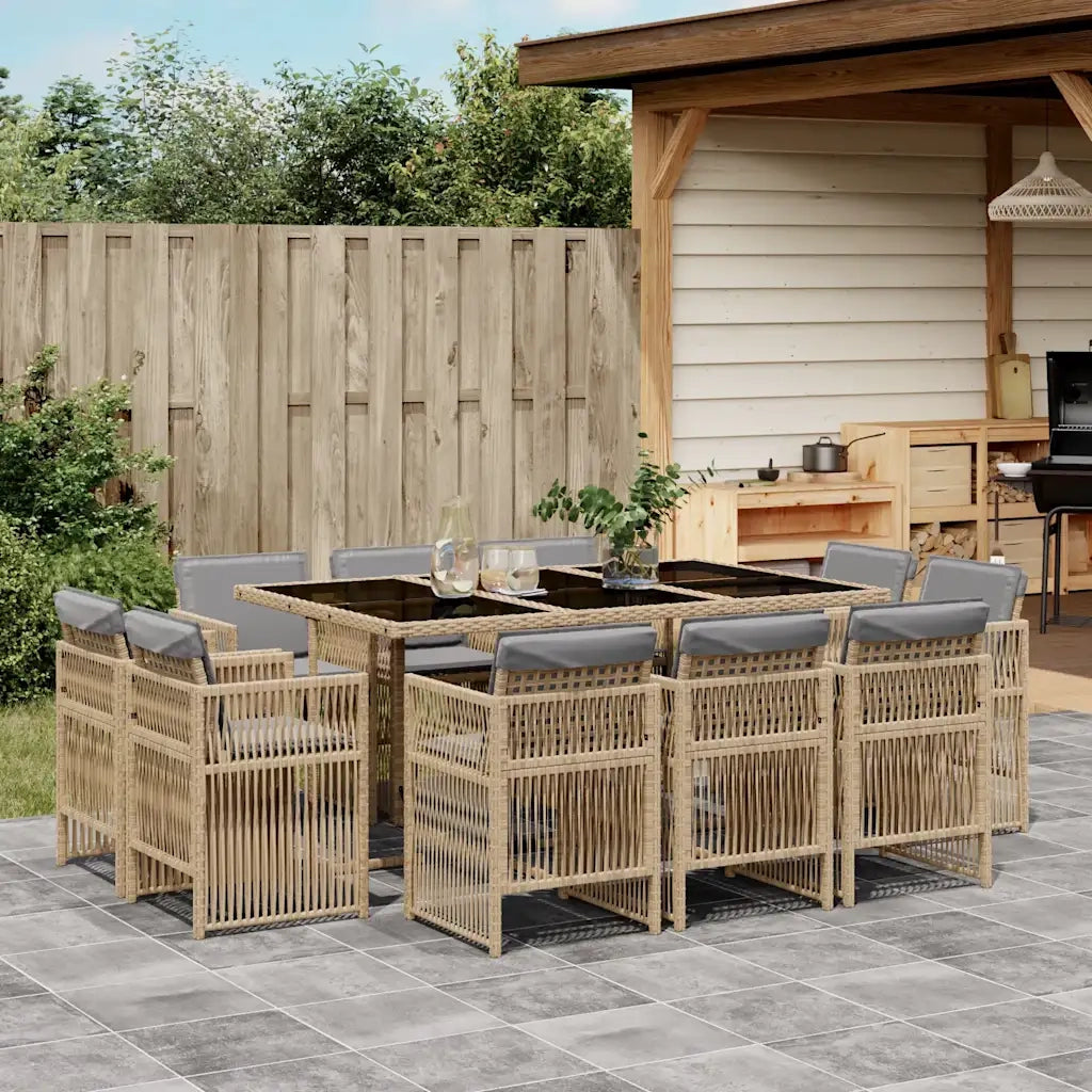 Set Pranzo da Giardino 11 pz con Cuscini Beige Misto Polyrattan