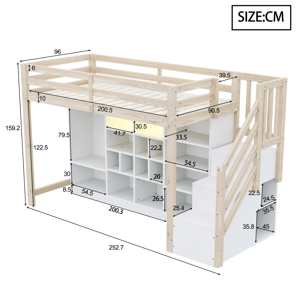 Letto a Soppalco con Contenitore e LED ¨C MINIMAL ¨C Legno 90x200