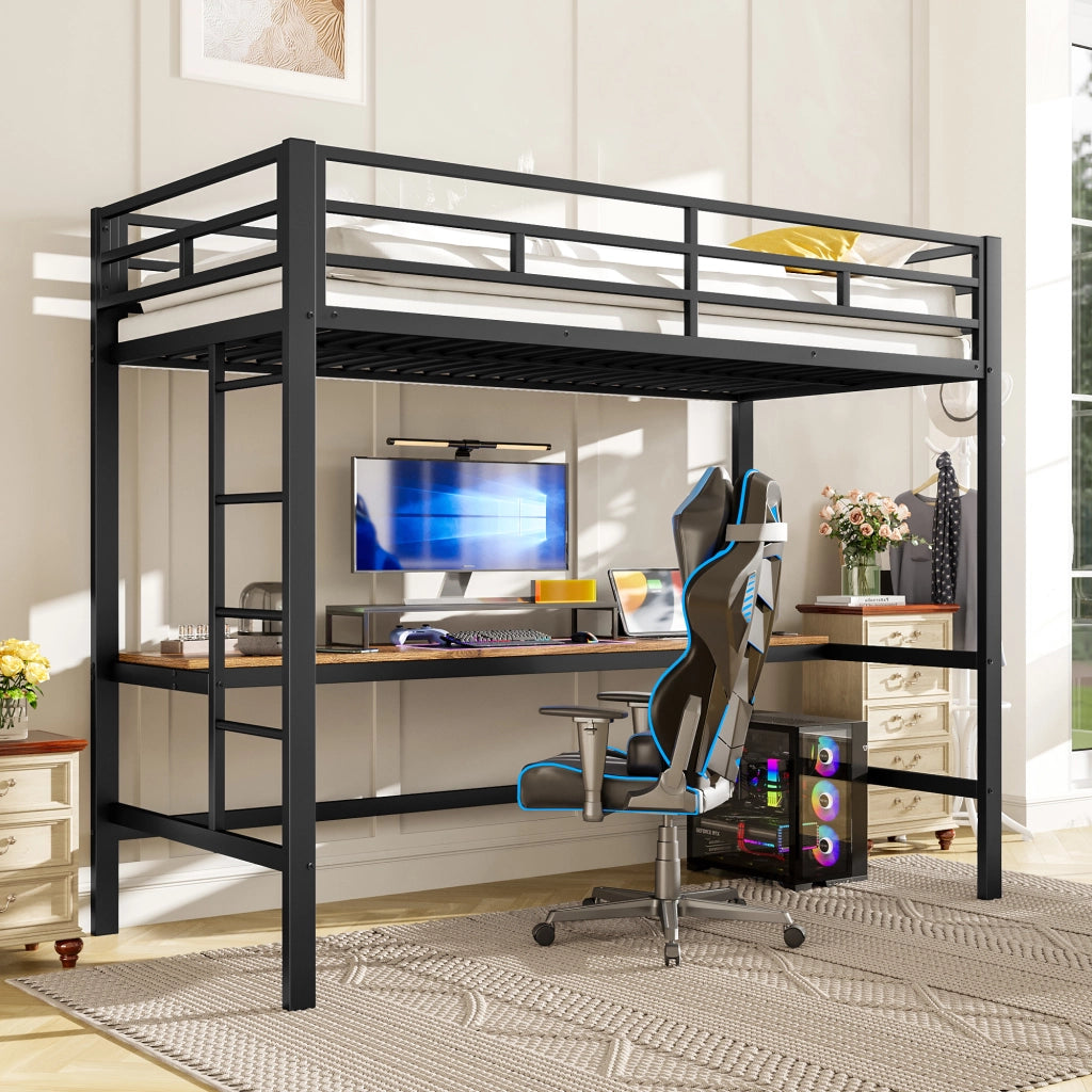 Letto a Soppalco con LED e USB ¨C MINIMAL ¨C Metallo Nero 90x200 cm