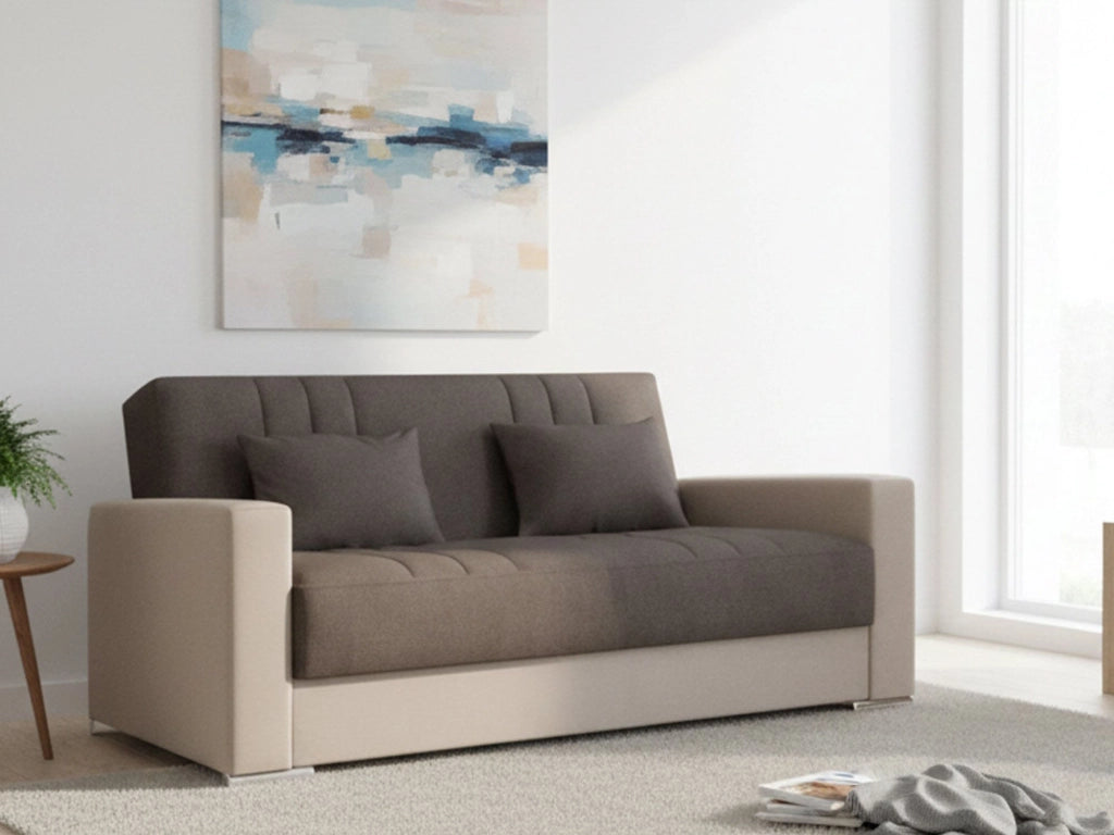Divano letto Arix, Divano letto contenitore a 3 posti in ecopelle e tessuto, Sofà\  da soggiorno con apertura click-clack e 2 cuscini inclusi, 230 x96h101 cm, Beige e Grigio