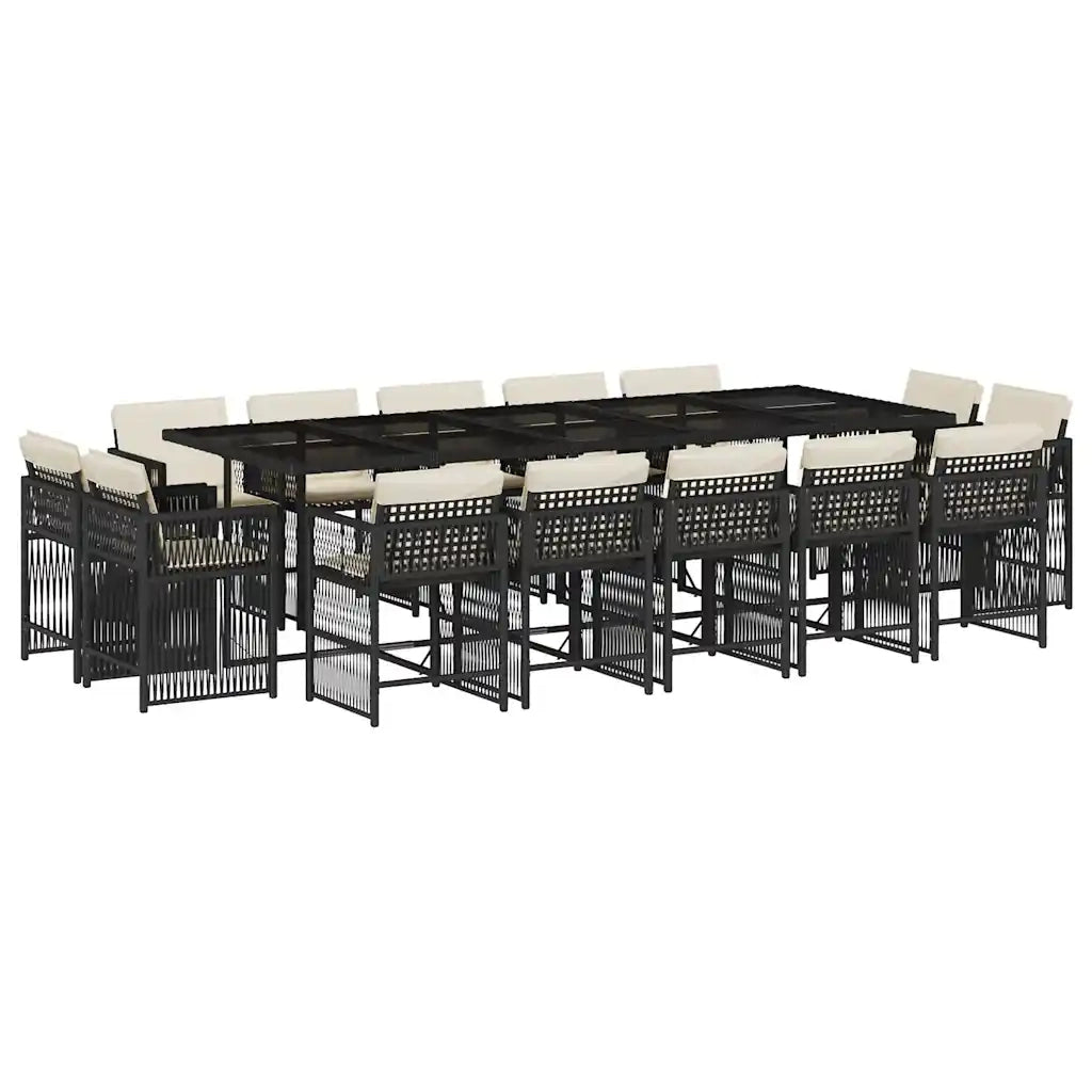 Set da Pranzo da Giardino 15 pz con Cuscini Nero in Polyrattan