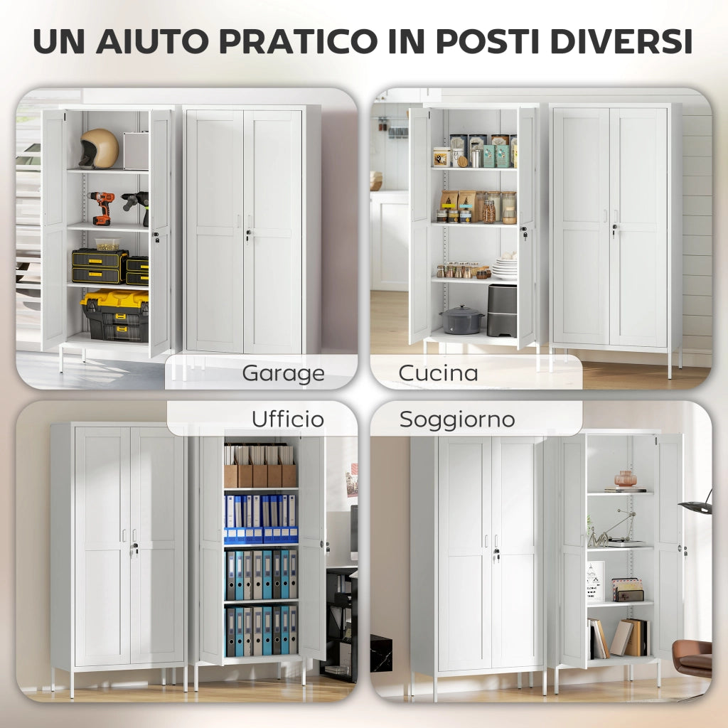 Armadio per Ufficio in Acciaio a 3 Ripiani Regolabili con Serratura e 2 Chiavi, 80x40x175 cm, Bianco