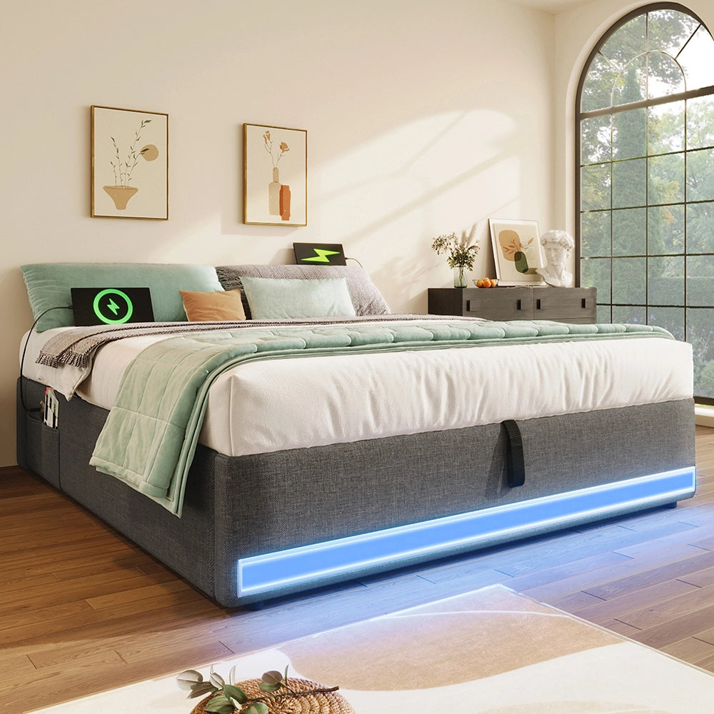 Letto contenitore - Xylo - 140x200 cm LED USB grigio