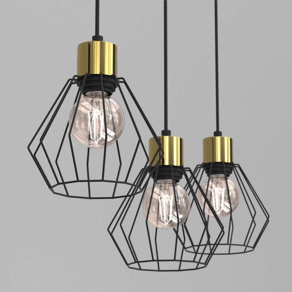 Lampada sospesa industriale Parkla 3 luci E27 nero oro