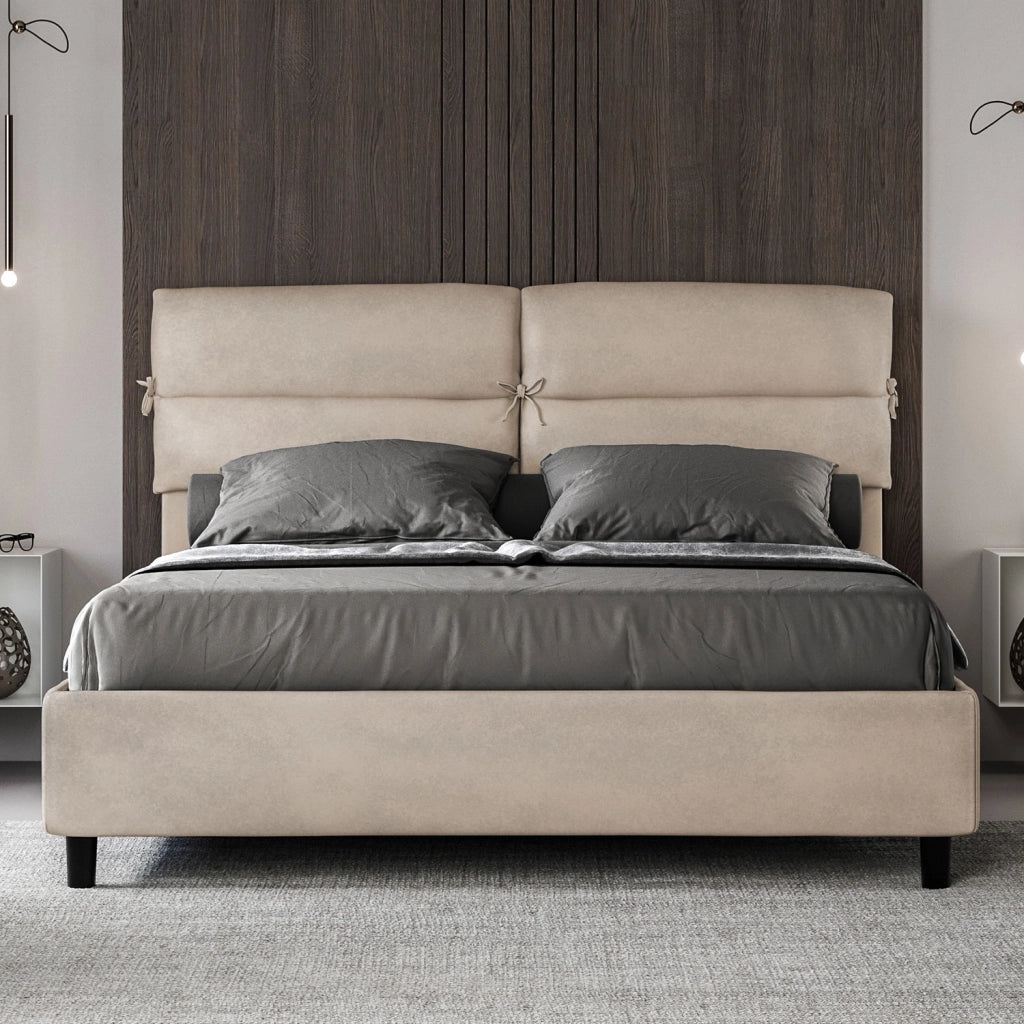 BS COM Letto matrimoniale con rete imbottito 160x200 microfibra sabbia