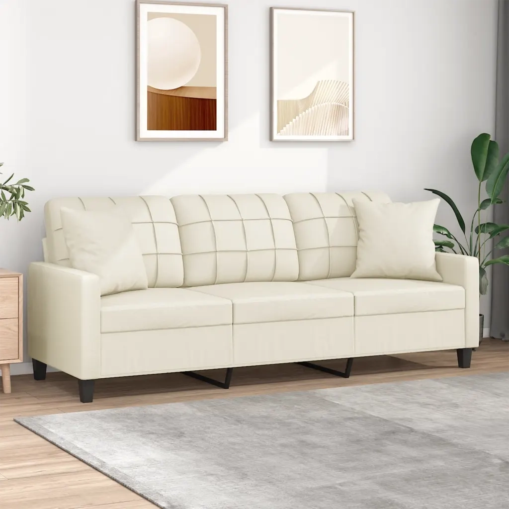 Divano a 3 Posti con Cuscini-Sofa 3 Posti con Cuscini Crema 180 cm in Similpelle