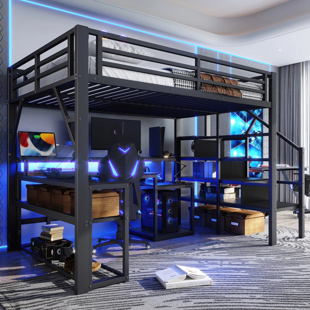 Letto castello 140x200 ferro scala ringhiere LED scrivania USB nero