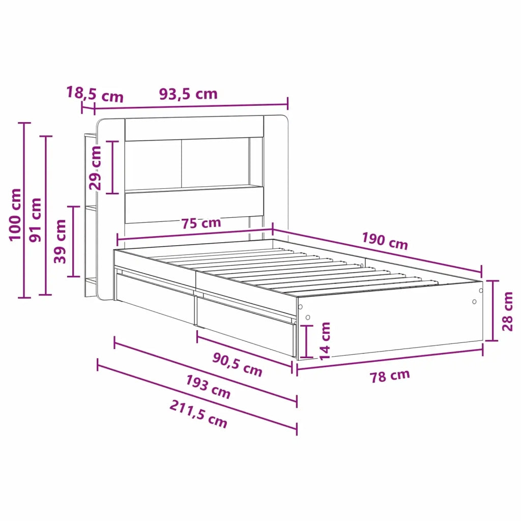 Letto singolo | Letto per adulti | Telaio del letto con storage con cassetto Nero 75 x 190 cm