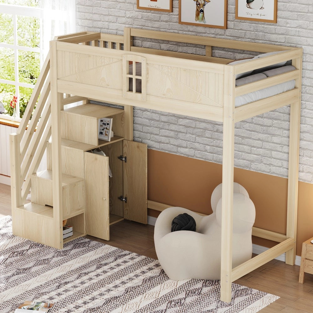 Letto a Soppalco in Legno Massello con Porta e Scala ¨C MINIMAL ¨C 90x200 cm