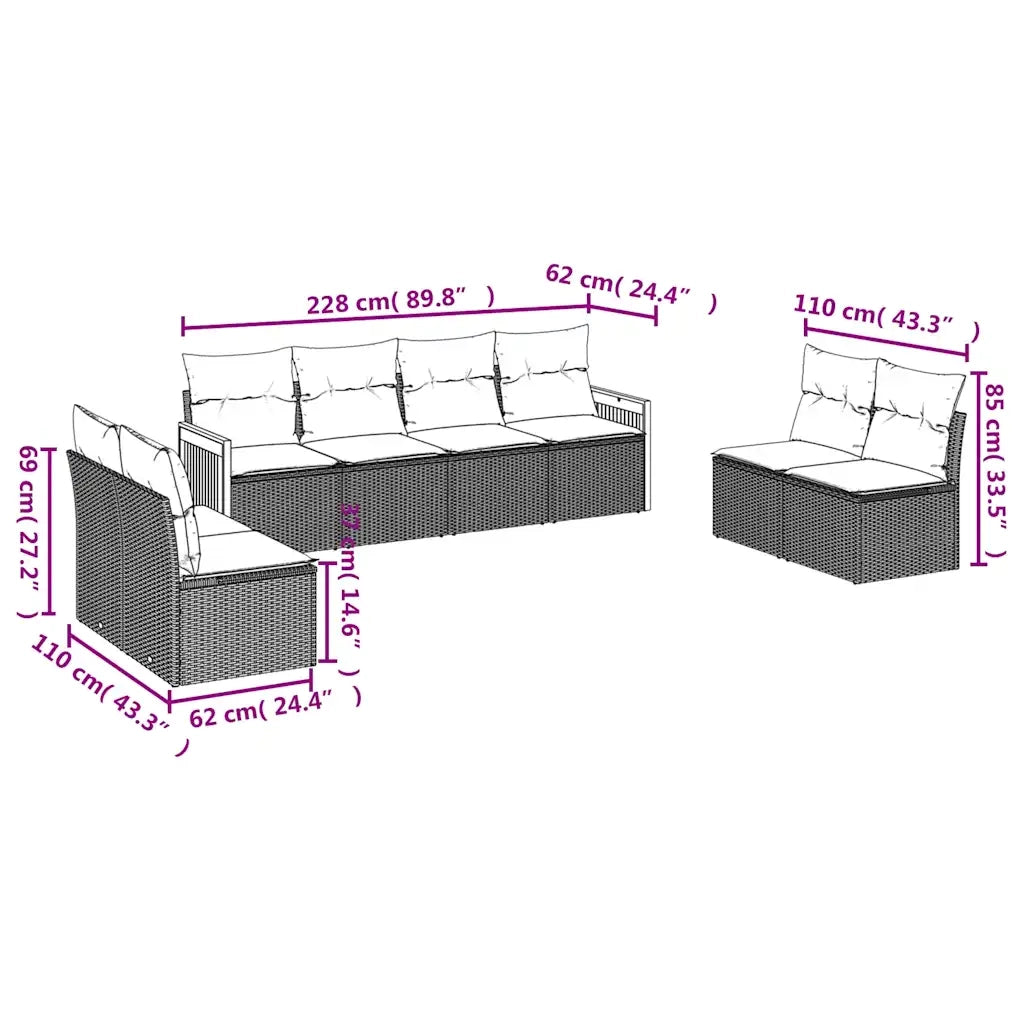Set Divani da Giardino 8 pz con Cuscini Nero in Polyrattan 3227569