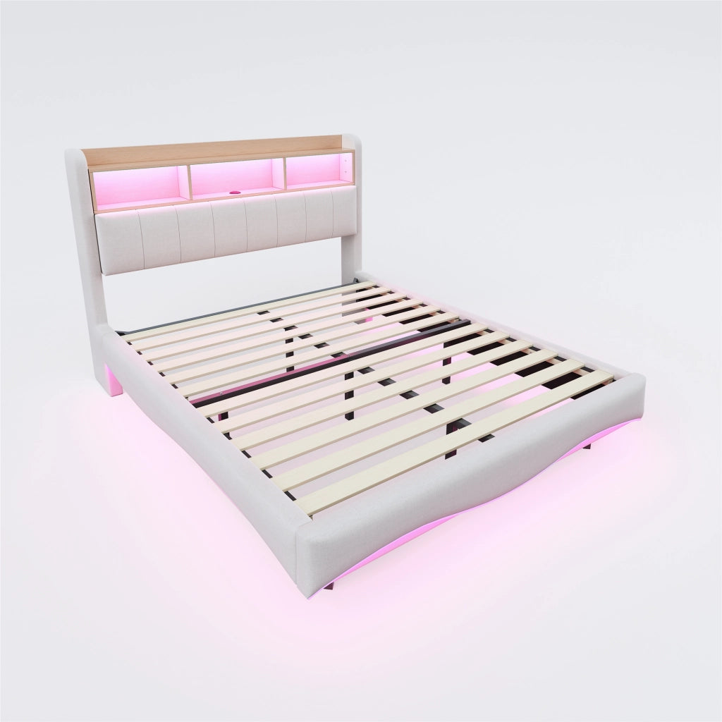 LETTO sospeso 140x200 cm beige in tessuto con LED, USB e Type-C