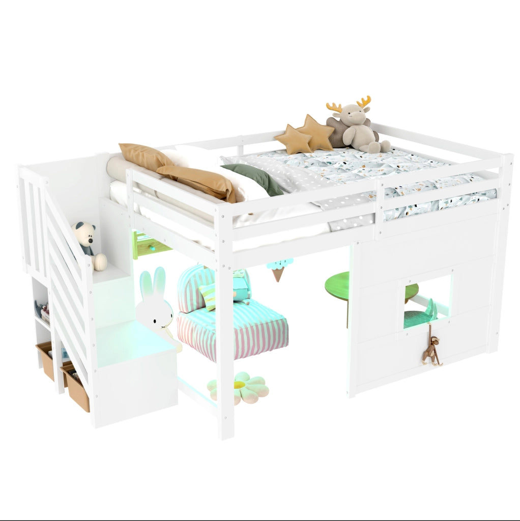Hochbett 140x200 con scala contenitore, finestra e LED integrato