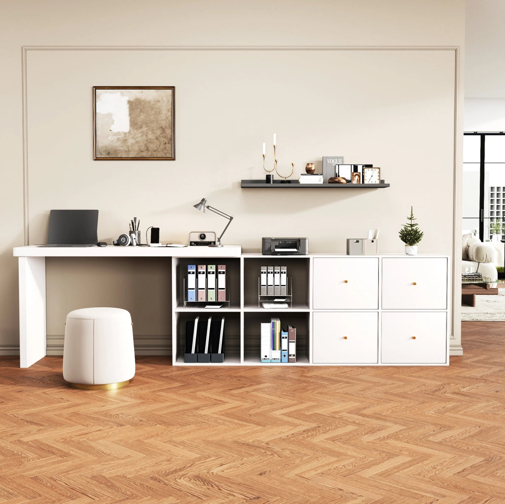 Scrivania angolare girevole 360° in MDF bianco; 120×48×78 cm con contenitore 140×35×74 cm