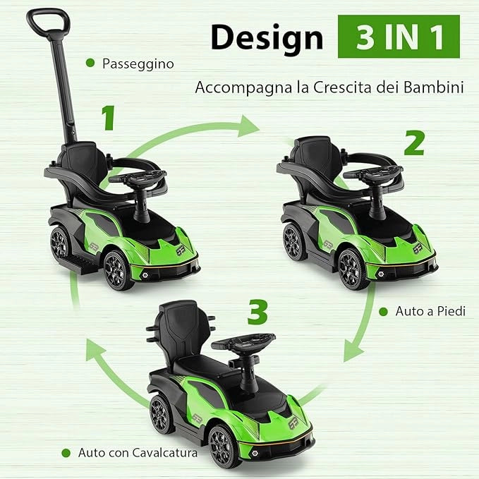 3 in 1 Lamborghini Auto a Spinta per Bambini, Macchina Cavalcabile con Impugnatura e Scatola di Stoccaggio, Ideale per Bambini 12-36 Mesi (Verde)