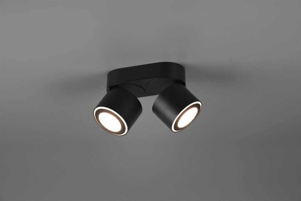 TAURUS BARRA 2 SPOTS LED 10W 900lm, 3000K IN METALLO NERO ORIENTABILE GIREVOLE BI-EMISSIONE INTERRUTTORI SEPARATI L. 18CM