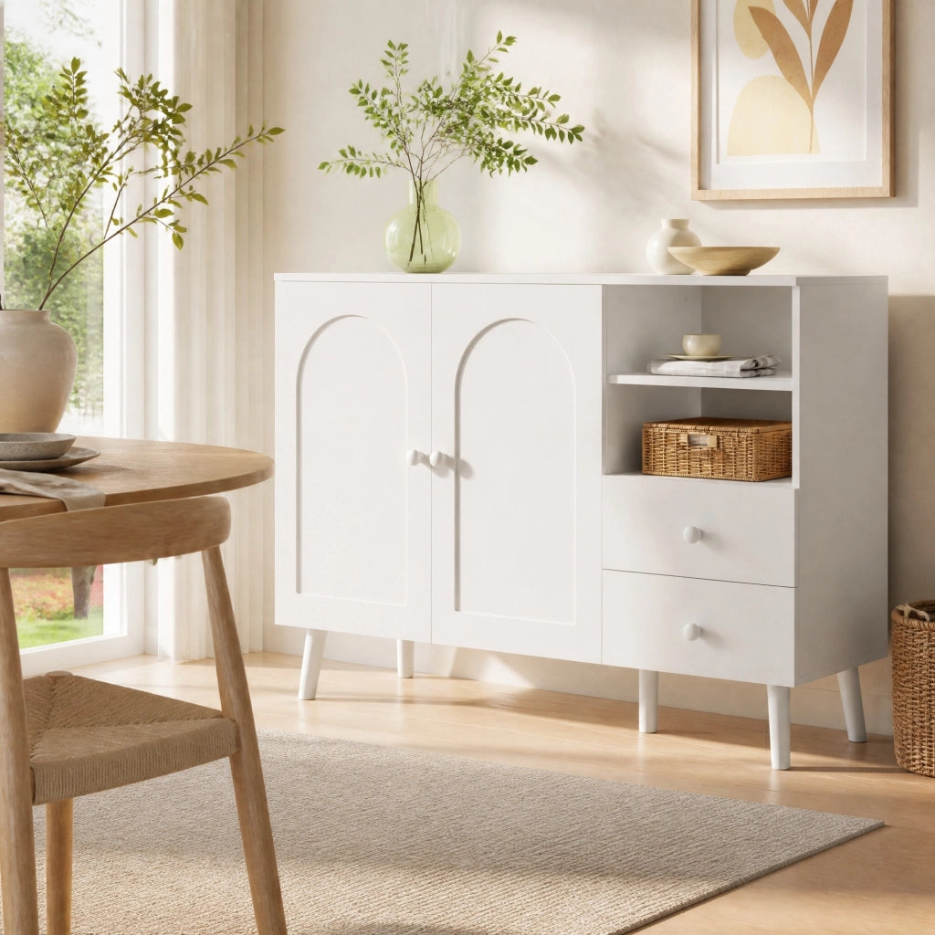 Credenza con 2 ante bombate; 2 cassetti e vani aperti rialzata in MDF e pannello truciolare bianca 118 × 35 × 82 cm