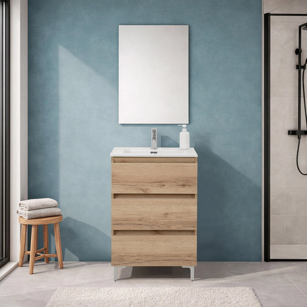 Mobile bagno a terra 60 cm in quercia naturale con lavabo e specchio Leda