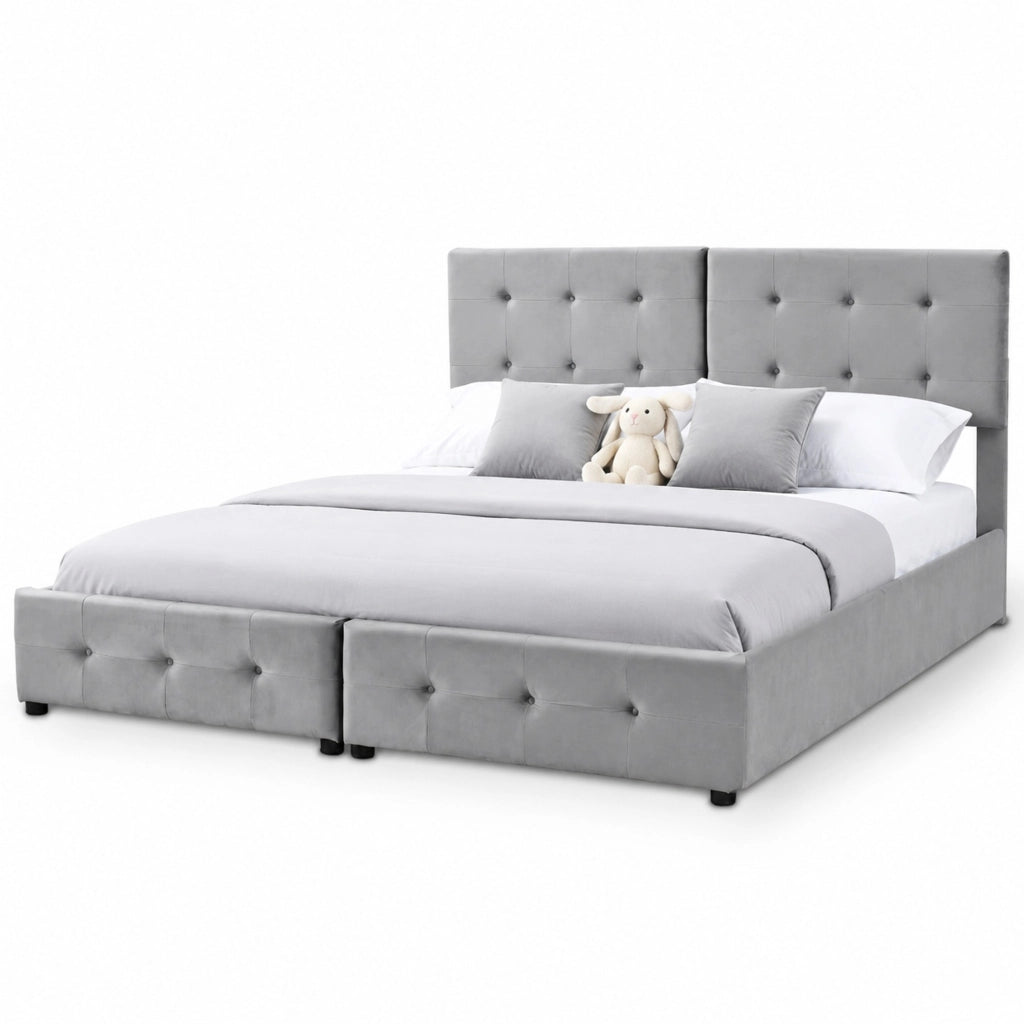Letto imbottito idraulico 180x200 cm con contenitore, trasformabile in 2 letti singoli, in velluto grigio